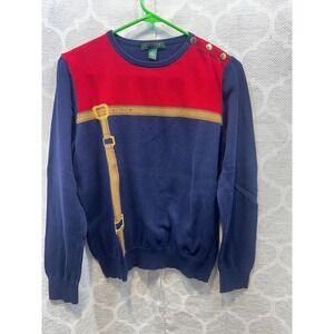 Lauren Ralph Lauren Women's L Sweater Red Blue Gold Equestrian Buckle Shoulder